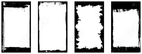 Photo border stroke set - minimalist black rectangular edges with scratched grungy perimeter and distressed worn texture. Realistic clean monochrome frames for vintage prints and scrapbook design.