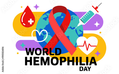 World Hemophilia Day awareness campaign with red ribbon and medical symbols