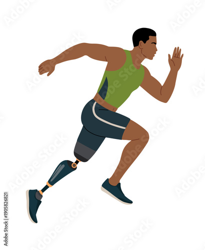 Modern flat vector illustration of a professional Black male sprinter with a carbonfiber prosthetic leg in a dynamic full body running pose, isolated on transparent background.