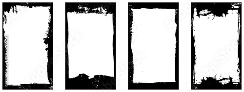 Photo border stroke set - minimalist black rectangular edges with scratched grungy perimeter and distressed worn texture. Realistic clean monochrome frames for vintage prints and scrapbook design.
