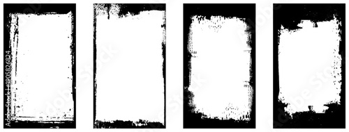 Photo border stroke set - minimalist black rectangular edges with scratched grungy perimeter and distressed worn texture. Realistic clean monochrome frames for vintage prints and scrapbook design.