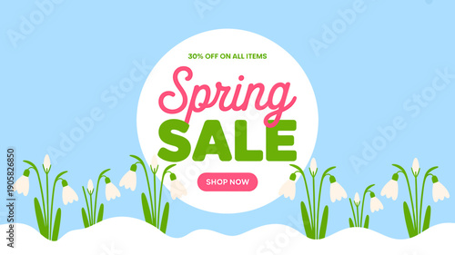 Spring sale advertisement with flowers and discount offer on blue background