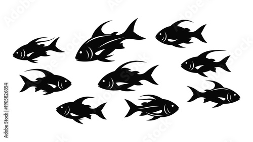A school of black fish swimming in a coordinated pattern. Vector