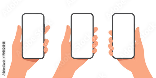 Hands holding smartphones with blank screens in different positions