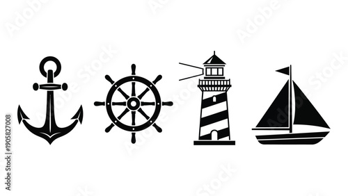 Nautical icons featuring an anchor, ship wheel, lighthouse, and sailboat Vector