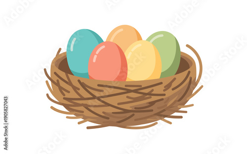 Colorful Easter eggs in a brown woven bird nest