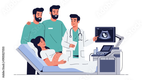 Embracing the Miracle: A tender depiction of a medical examination, showcasing an expectant mother, supported by her partners, sharing a tender moment with a caring physician during an ultrasound.