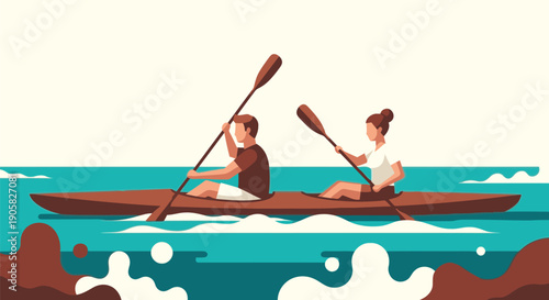 Man and woman rowing a wooden canoe on the ocean waves