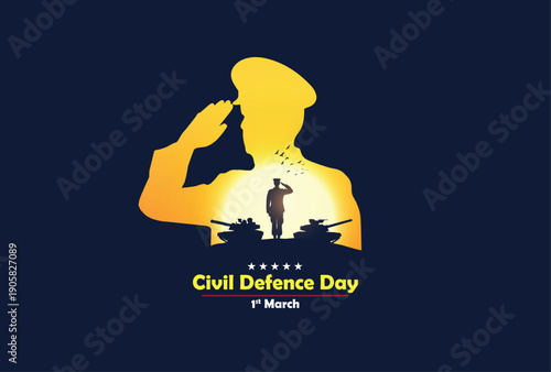 Civil Defence Day Salute – Professional Military Silhouette and Armored Tank Commemoration Illustration