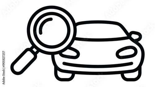 Car inspection icon illustration with magnifying glass, vehicle check and auto diagnostics concept, outline style automotive service symbol