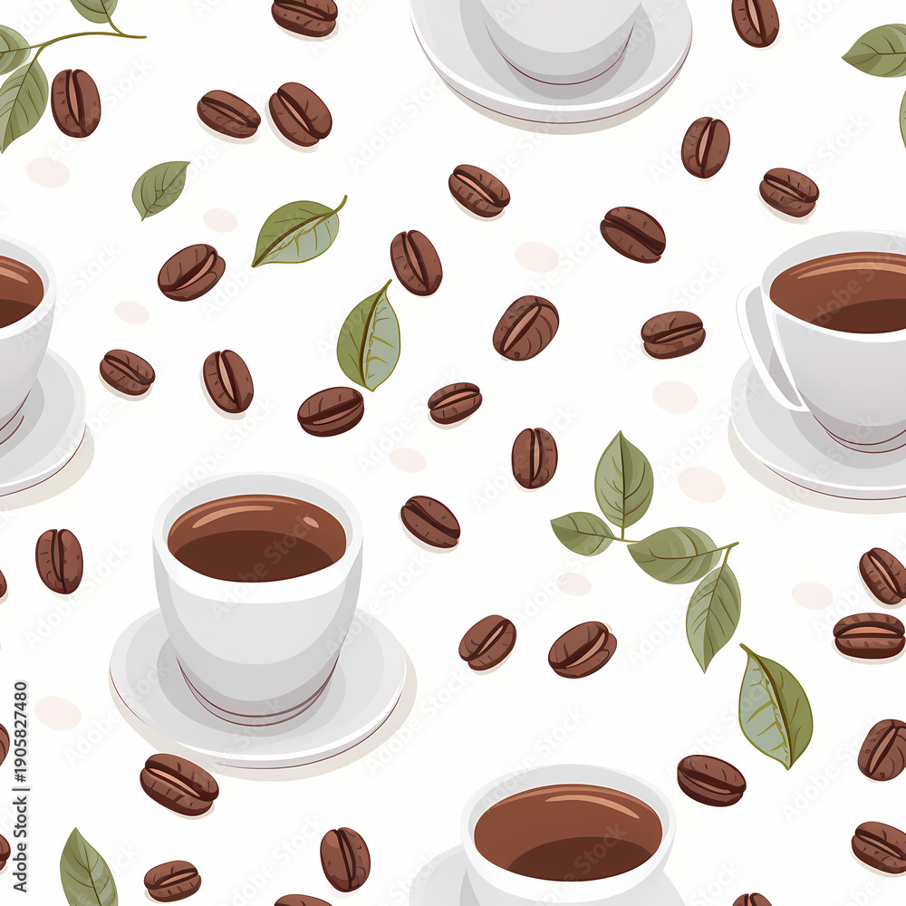 Obraz premium Seamless pattern of white ceramic coffee cups filled with dark espresso, scattered roasted brown coffee beans, and green coffee leaves on a clean white background for cafe branding and wallpaper