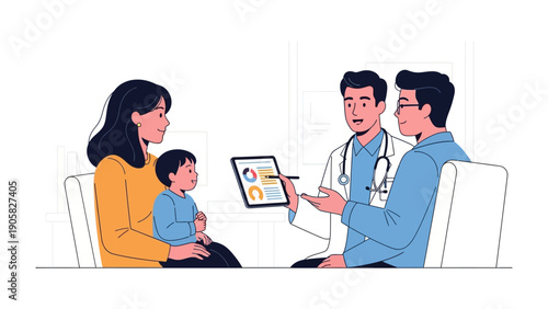 Medical Consultation and Family Support: A physician engages in a comprehensive consultation with a family, likely addressing concerns and providing guidance and reassurance
