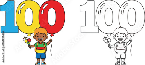 Happy Boy Celebrating 100 Days of School with Balloons and Confetti Education Milestone