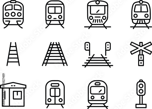 Railway and transport line icons set, train travel symbols, metro transport signs, passenger elements, minimal thin stroke outline vector pack.