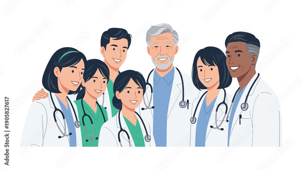 Fototapeta premium Healthcare Heroes: A close-knit team of dedicated doctors and medical professionals stands united, radiating warmth and expertise, embodying the spirit of healthcare and patient well-being.