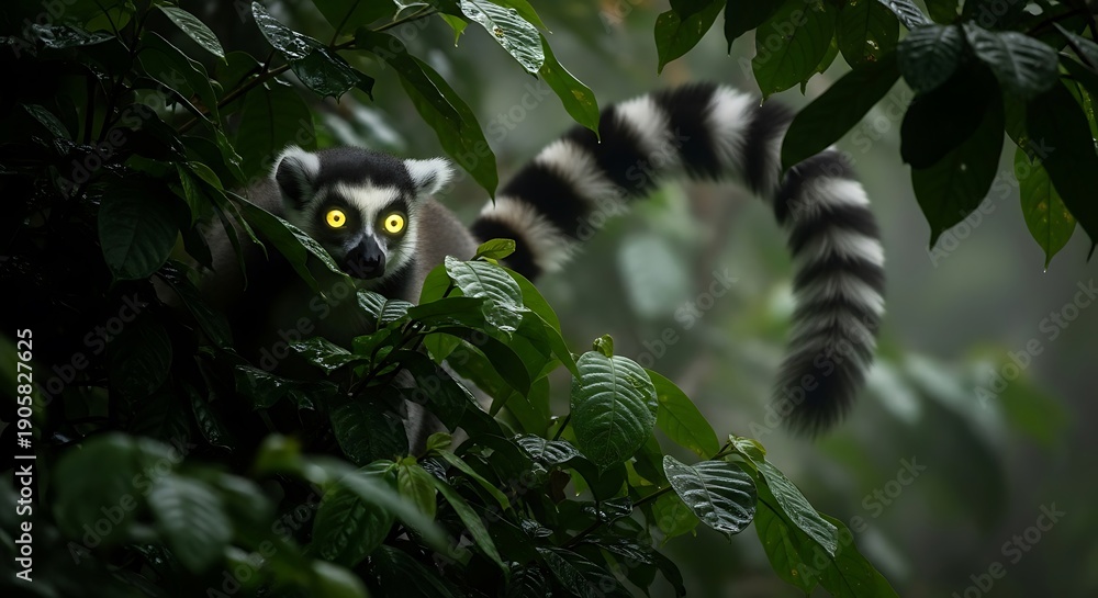 Fototapeta premium A Ring-tailed Lemur with piercing yellow eyes in dense jungle leaves, showcasing wildlife's beauty and fragility on World Wildlife Day