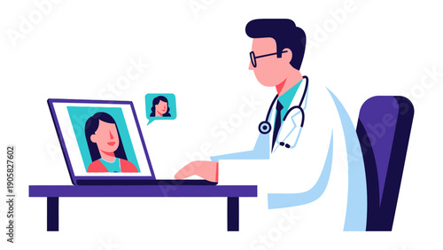 Digital Doctor: A doctor consults with patient through a laptop screen in a virtual setting, symbolizing telehealth and modern healthcare innovation.