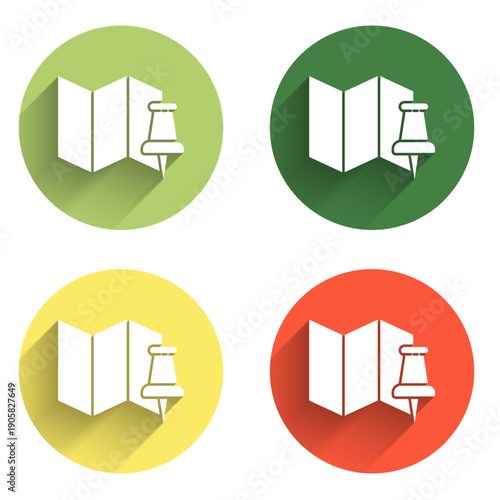 Set Folded map with push pin icon isolated with long shadow background. Color circle button. Vector