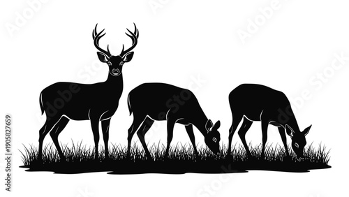 Three majestic deer silhouettes grazing on a grassy field at sunset Vector