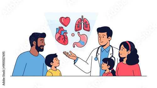 Health Discussion: A medical professional offers insight to a family on the human body, providing guidance.