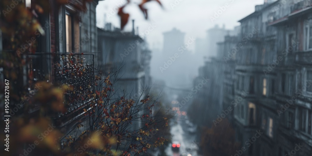 Obraz premium Misty Autumn Morning in the City with Soft Rain and Blurred Buildings