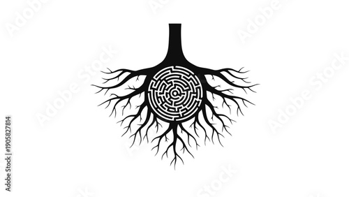 Vector illustration of a challenging maze forming abstract tree roots, symbolizing thought and growth, on transparent background