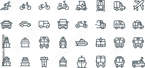 Transportation line icons set featuring land air and sea vehicles, modern outline transport collection isolated on white background