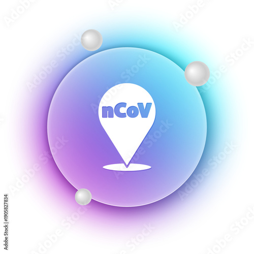 White Corona virus 2019-nCoV on location icon isolated on white background. Bacteria and germs, cell cancer, microbe, fungi. Blue and purple gradient circle background. Vector