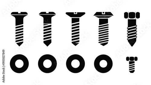 Vector illustration of industrial screws and washers set, essential hardware fasteners on transparent background