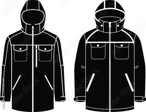 Two black hooded jackets with different designs and zippers