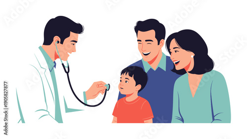 Family Health Consultation: A dedicated doctor conducts a health check-up on a child, while parents look on, symbolizing care, trust, and proactive well-being.