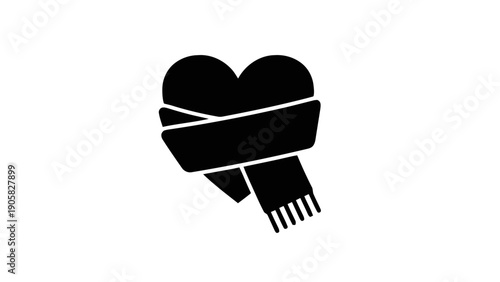 Vector illustration of a black heart icon with a scarf, on transparent background, representing warmth and care