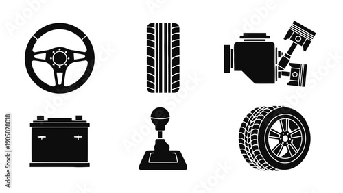 Vector illustration of essential car components and vehicle parts on transparent background