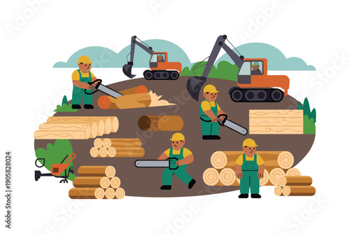 Forestry workers with chainsaws and excavators process logs in a stylized woodland scene.