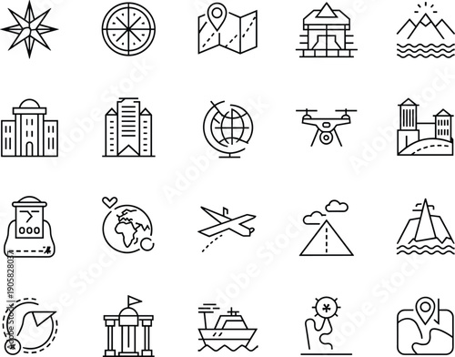 Travel and tourism line icons set with map airplane landmarks and navigation symbols isolated on white background
