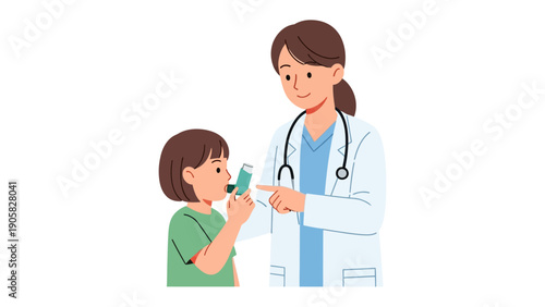 Asthma Treatment: A supportive health professional assists a child in administering asthma medication, offering care, health, and comfort.