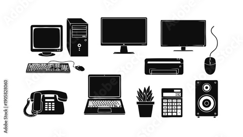Vector illustration of a comprehensive set of office equipment and computer accessories on transparent background
