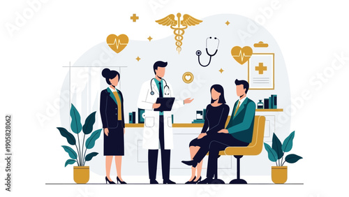 Healthcare Consultation Illustration: A doctor and nurse attentively consult with a couple, representing compassionate medical care within a modern clinic setting. 