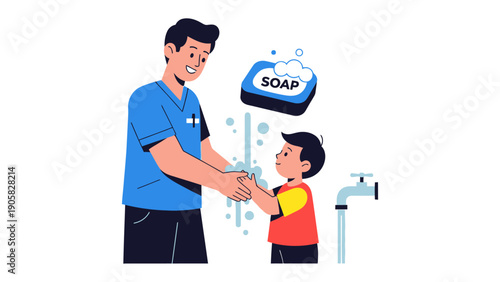 Handwashing illustration: A caring parent guides a child in the important practice of handwashing, emphasizing hygiene and health through the use of soap and water.