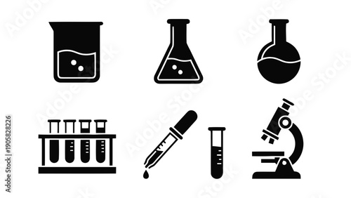 Vector illustration of chemical laboratory tools and scientific glassware set, on transparent background