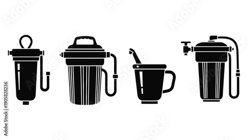 Vector illustration of, on transparent background, various designs of water filters and purification devices