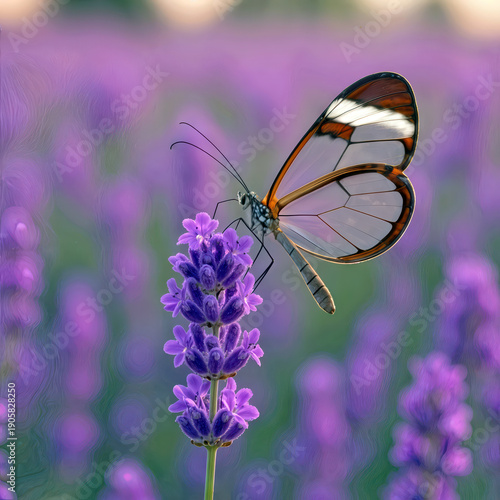 A stunning glasswing butterfly delicately perched atop a fragrant lavender blossom in a vibrant summer lavender field 