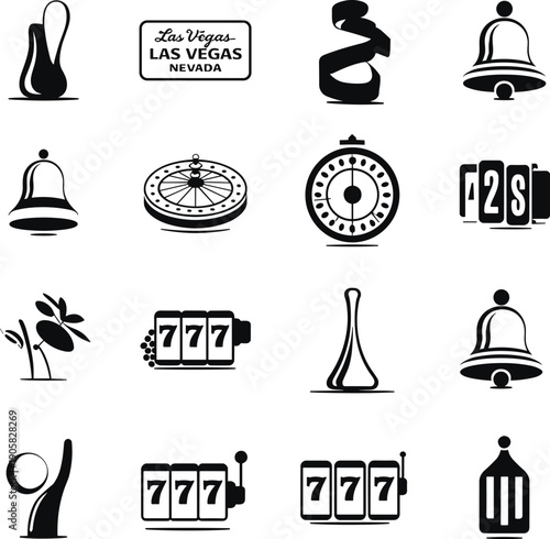Casino and Las Vegas icons set with slot machine roulette bell and jackpot symbols isolated on white background