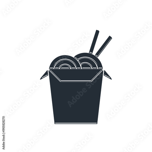 Black Asian noodles in paper box and chopsticks icon isolated on white background. Street fast food. Korean, Japanese, Chinese food. Vector