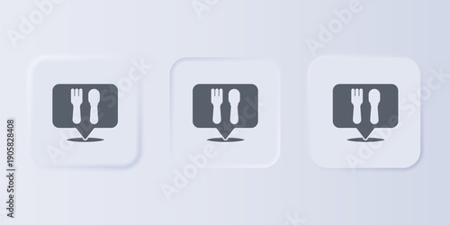 Grey Cafe and restaurant location icon isolated on grey background. Fork and spoon eatery sign inside pinpoint. Set icons in square buttons. Vector.