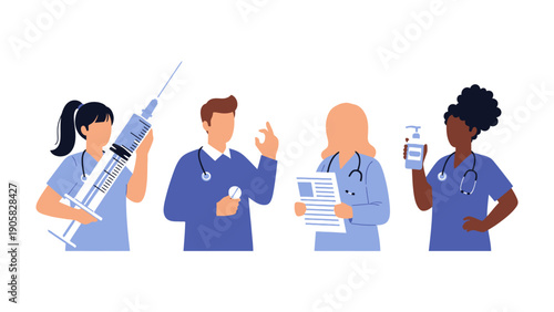 Healthcare Heroes: A compassionate ensemble of healthcare professionals, each poised with essential medical tools and supplies, embodies dedication and care in the healthcare industry.