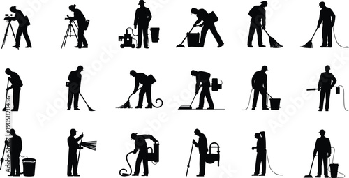Cleaning service worker silhouettes set with janitor equipment and maintenance tools isolated on white background