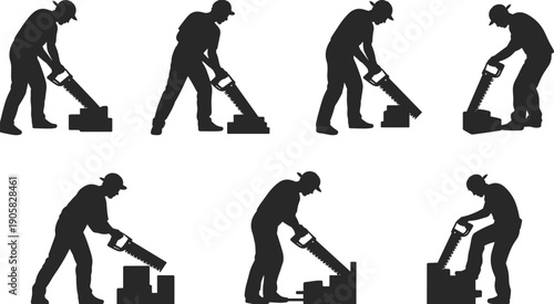 Construction worker cutting bricks with saw silhouettes set, manual labor masonry work isolated on white background