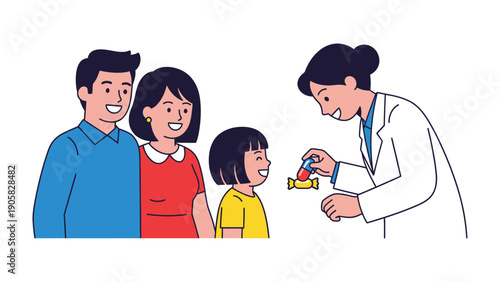 Medical Consultation: In a brightly lit doctor's office, a family consults with a friendly physician about the child's health, creating a scene of care and reassurance.