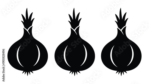 Three black and white onion icons arranged in a row with roots and stems Vector